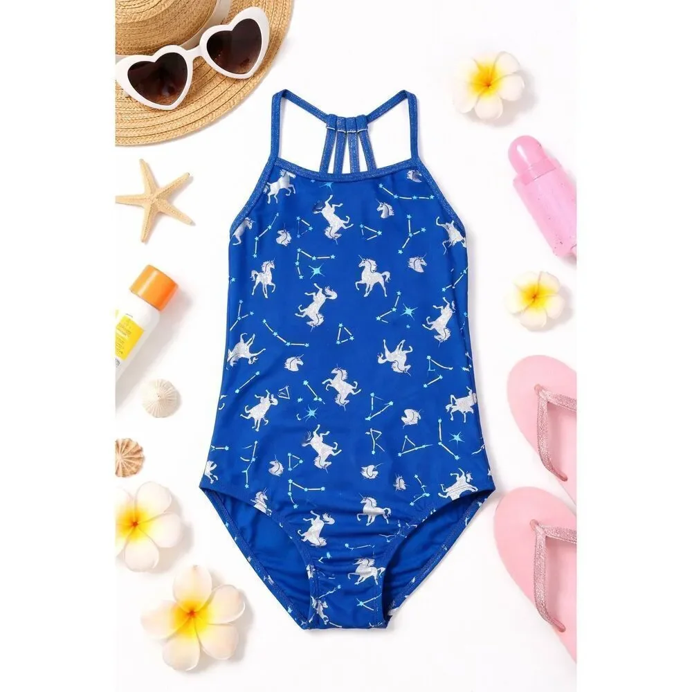 SO Girls Blue Unicorn Constellation Swimsuit 6 6X One Piece Sparkle Strappy Back